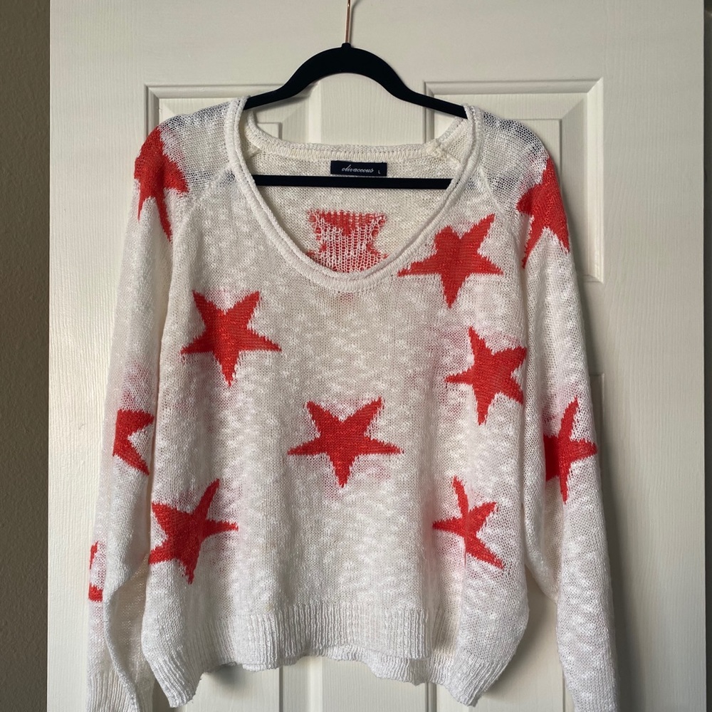Thin red and white sweater with stars, size large